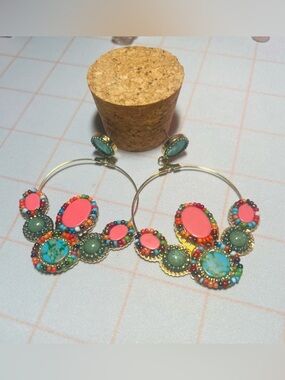 Gold Hoop Earrings with Pink and Turquoise Beaded Accents